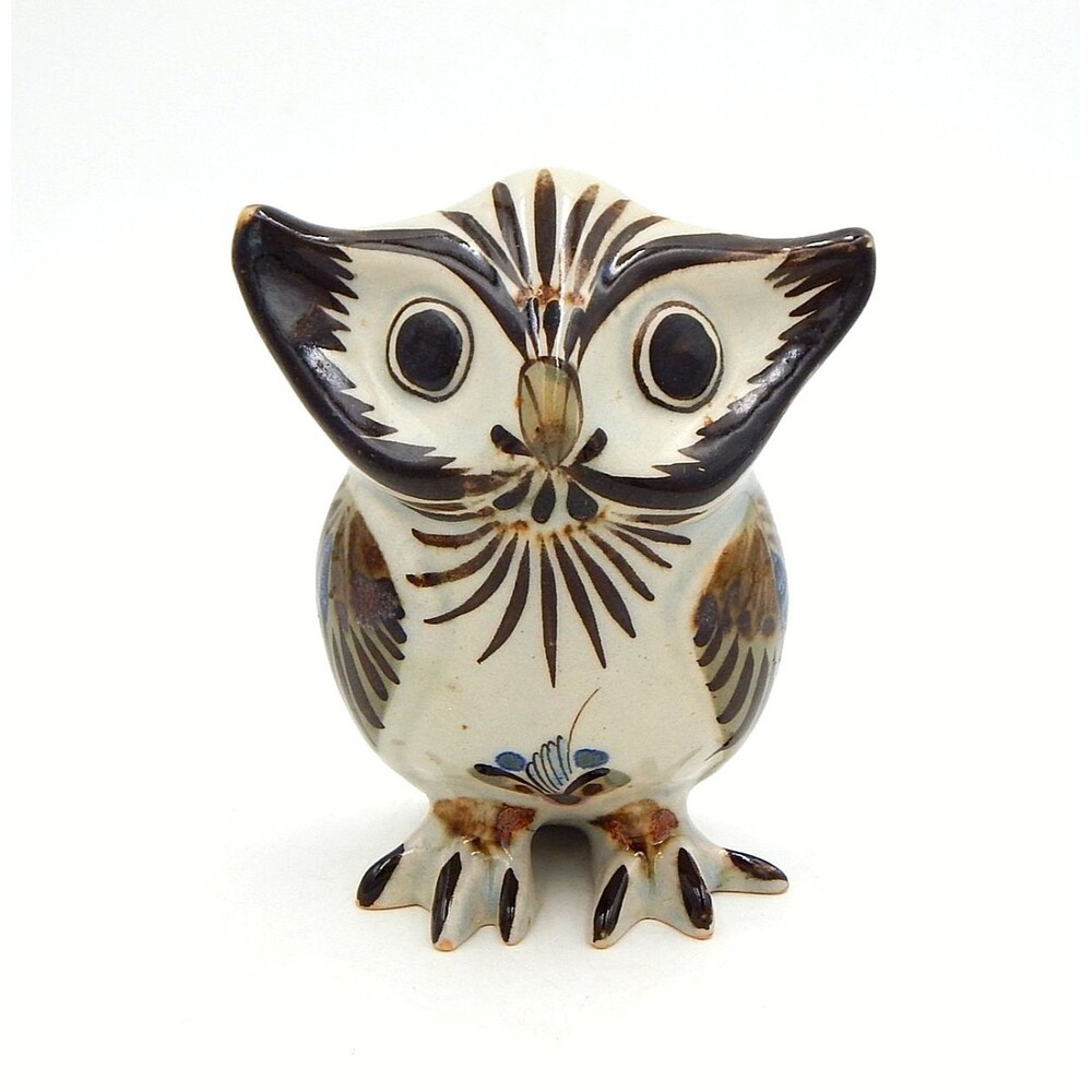 Tonala Mexican Pottery Owl Figurine Bird Hand Painted 5-1/2 Inch Statue Figure